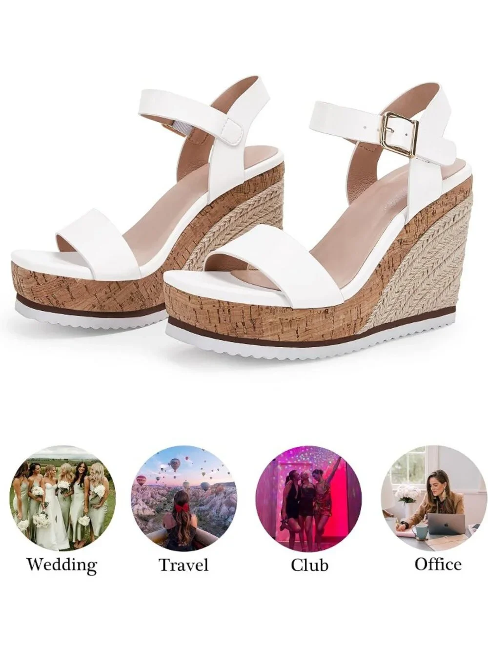 Women's White Espadrille Wedge Platform Sandal Open Toe Ankle Buckle Strap Shoes